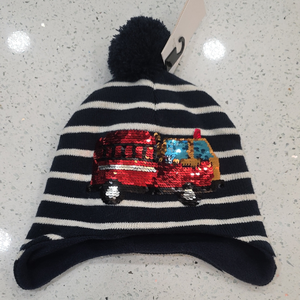 H&M Navy Striped Beanie with Sequin Fire Truck